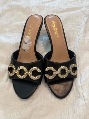 Anne Michelle Black Slide Mules with Gold Chain Rings